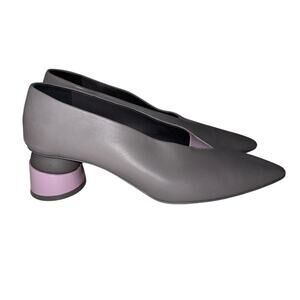 Grey Matters Heel Grey Leather Heels Light Purple Accents on Heels Front Size 39
